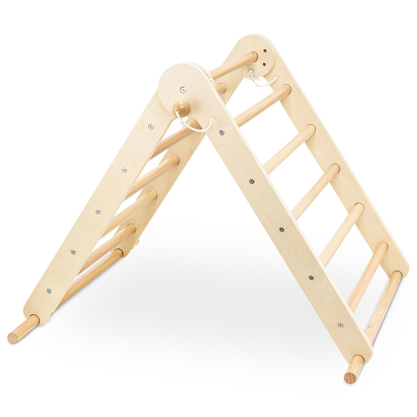 Drewniany, domowy plac zabaw dla dzieci - drabinka + ścianka wspinaczkowa + równoważnia do balansowania - trójkąt Piklera