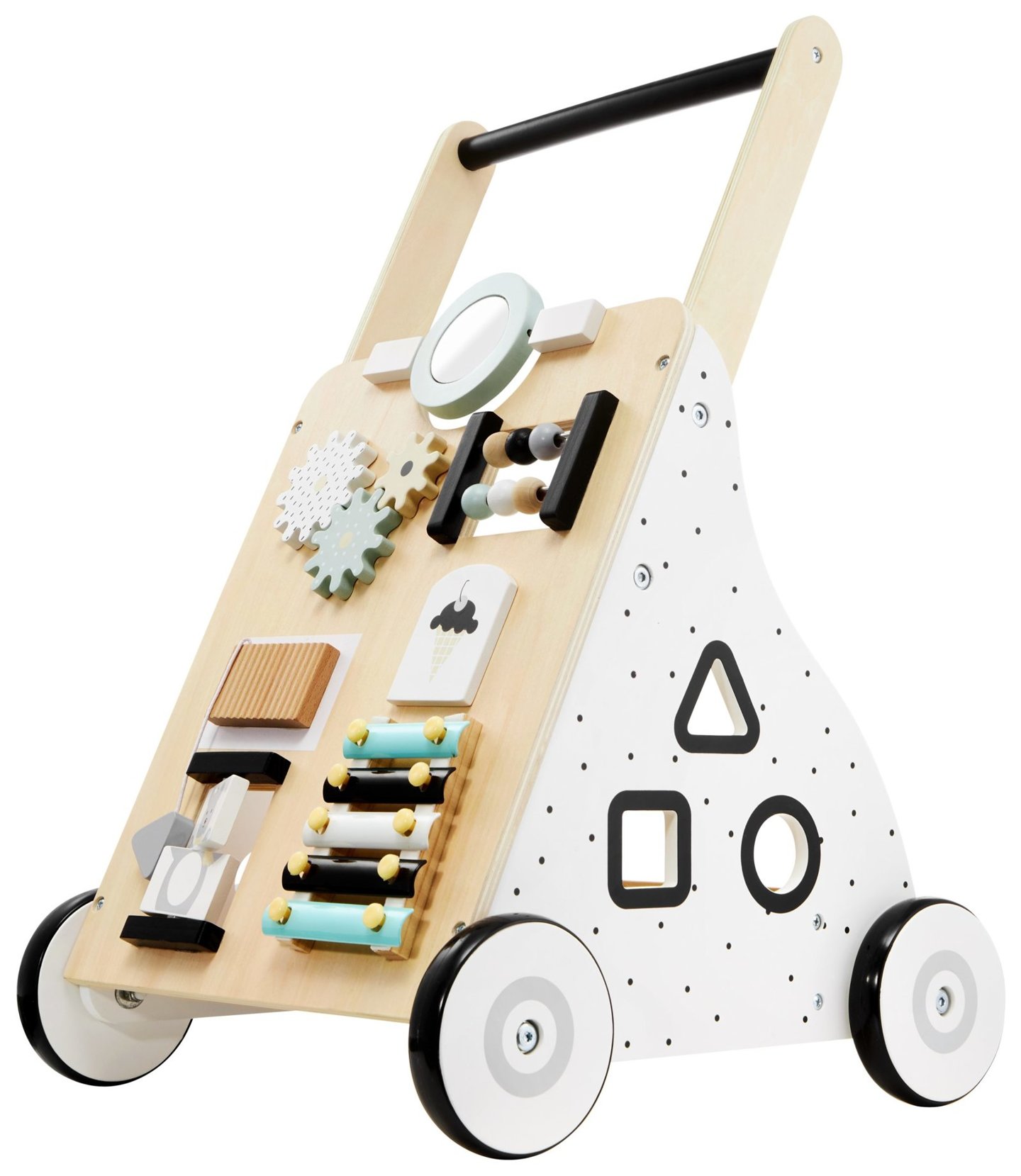 Drewniany, edukacyjny chodzik / pchacz dla dzieci - tablica manipulacyjna