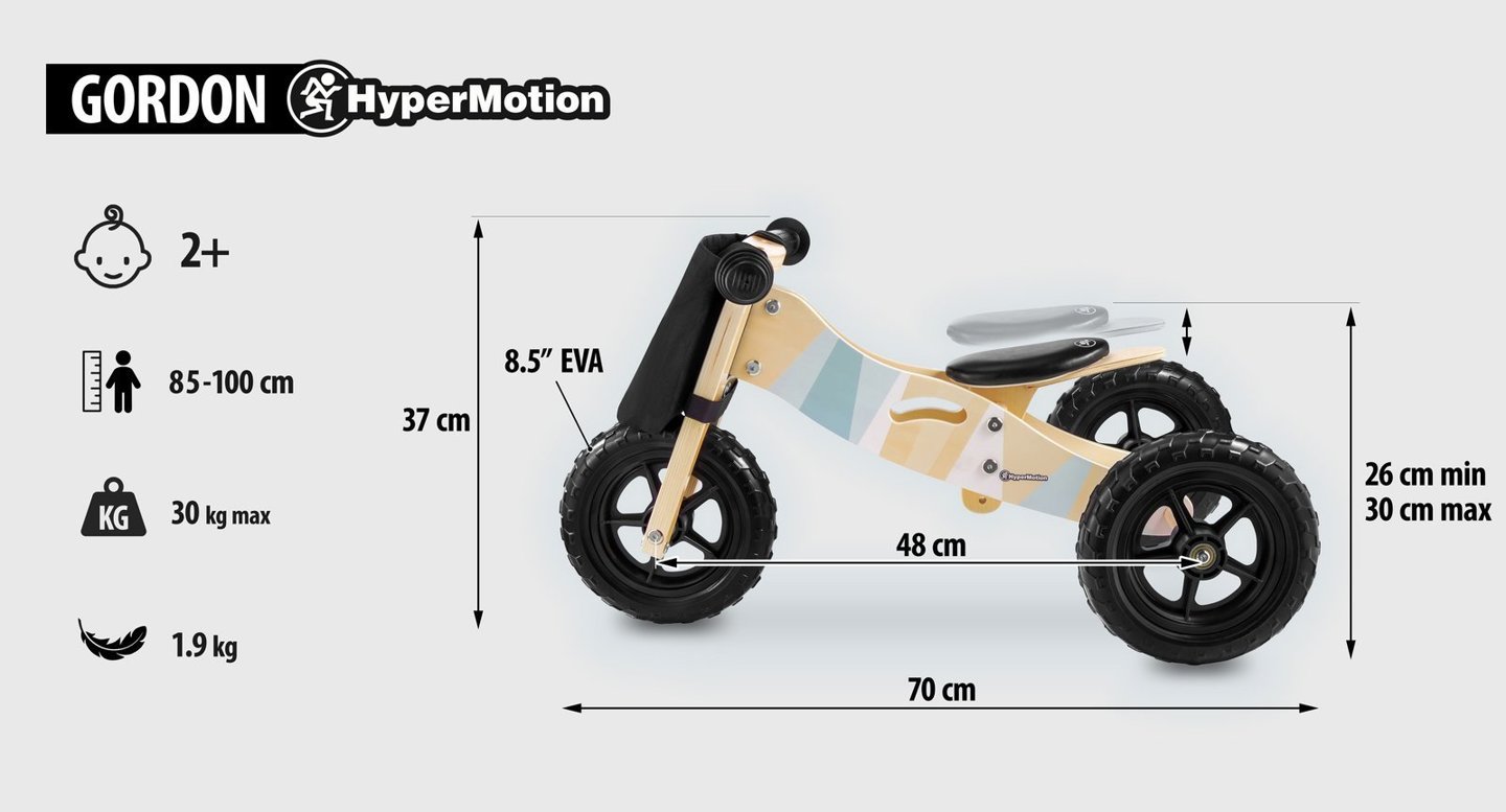 Mały drewniany rowerek 2w1 - trójkołowy i biegowy - HyperMotion GORDON - piankowe koła