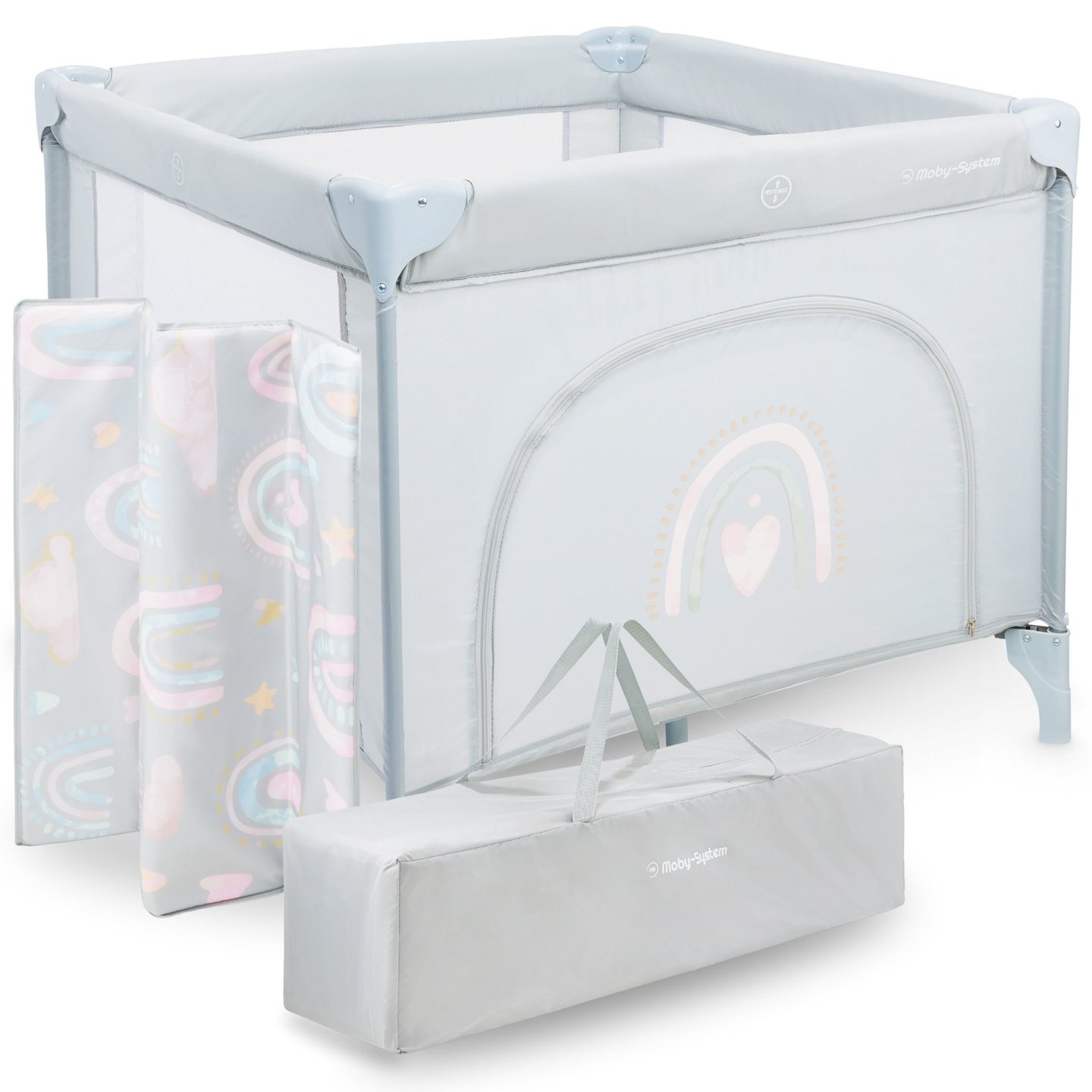 Składany kojec, łóżeczko turystyczne dla dzieci z materacem i torbą transportową - Rainbow